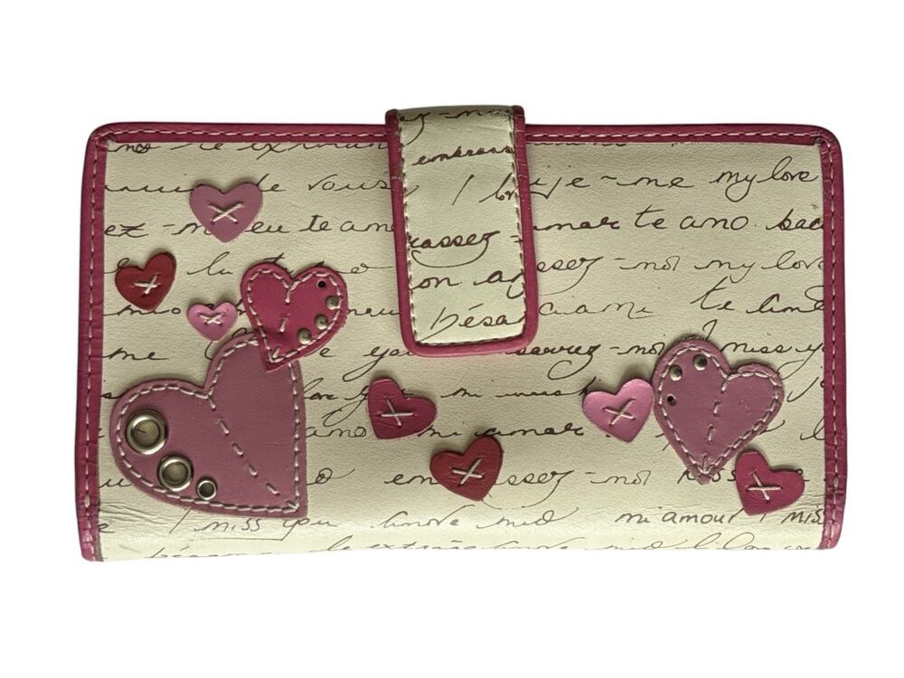 Vintage Fossil Wallet Scrip & Hearts Pink Cream Leather Credit Card Coin As Is